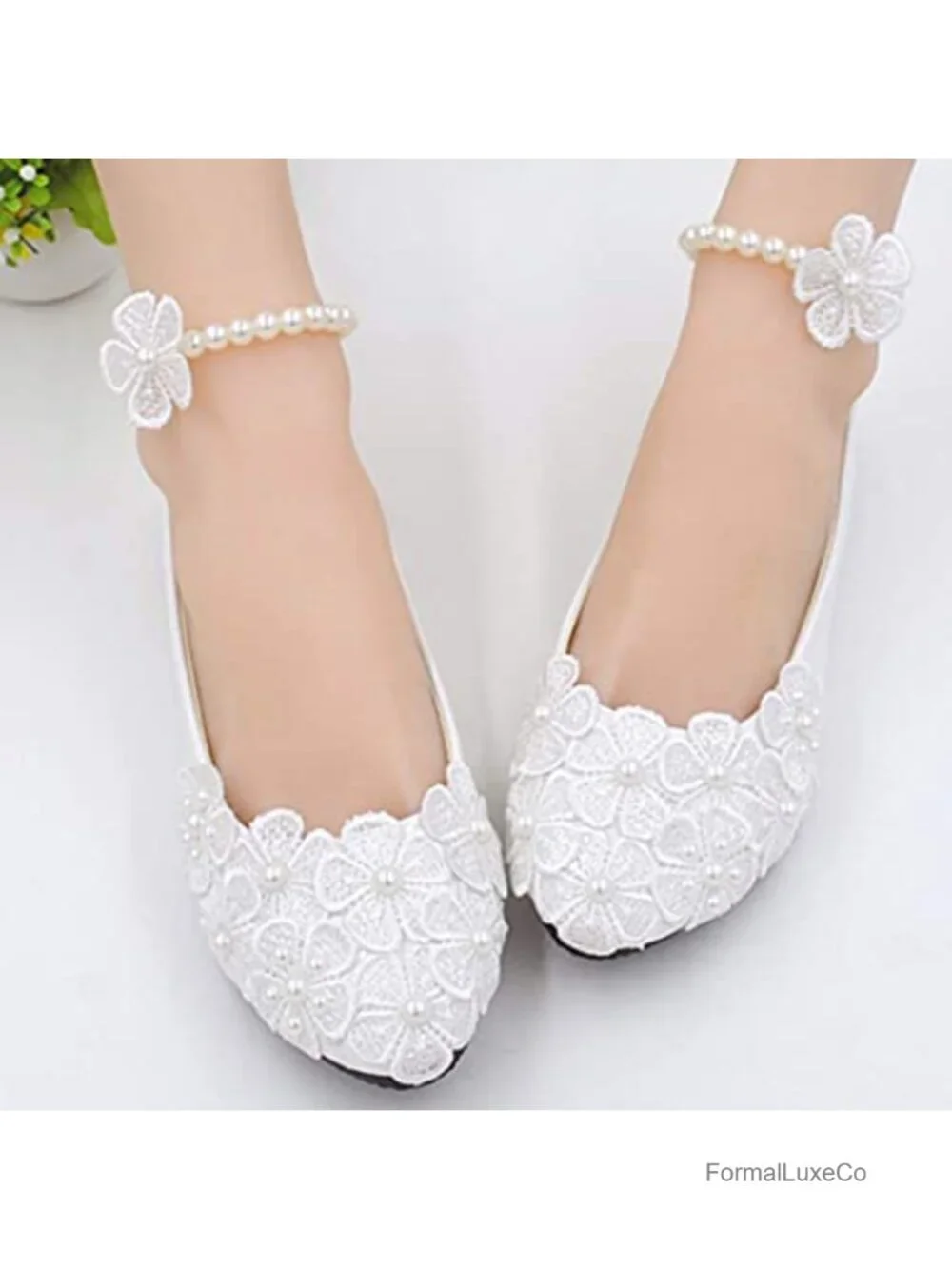 Bridal Flats Lace Flowers Wedding Shoes Ankle Pearl Beads Princess Ballet Flats